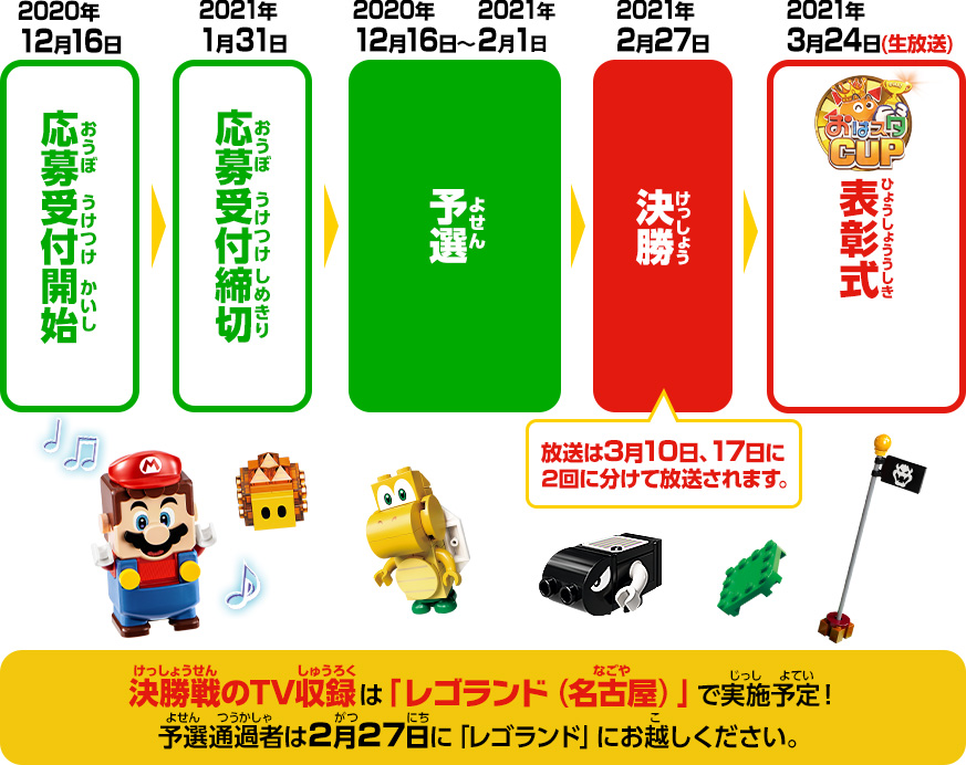 
						応募受付開始：2021年12月16日
						応募受付締切：2021年1月31日
						予選：2021年12月16日～2月1日
						決勝：2021年2月27日※放送は3月10日、17日に2回に分けて放送されます。
						表彰式：2021年3月24日（生放送）