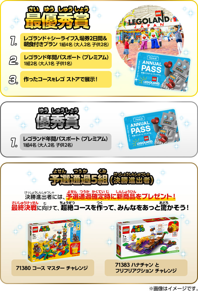 最優秀賞
							1）レゴランド＋シーライフ入場券2日間＆朝食付きプラン 1組4名（大人2名 子供2名）
							2）レゴランド年間パスポート（プレミアム）1組2名（大人1名 子供1名）
							3）作ったコースをレゴ ストアで展示！

							優秀賞
							1）レゴランド年間パスポート（プレミアム） 1組4名（大人2名 子供2名）
							
							  予選通過5組（決勝進出者）
							71380 コース マスター チャレンジ
							71383 ハナチャン と フリフリアクション チャレンジ
							決勝進出者には、予選通過確定時に新商品をプレゼント！
							最終決戦に向けて、超絶コースを作って、みんなをあっと驚かそう！